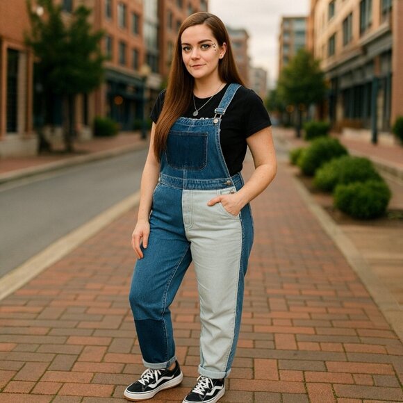 Momokrom Patchwork Two-Tone Denim Overalls W/ Frayed Seams – Size 4 NWT - Picture 2 of 9